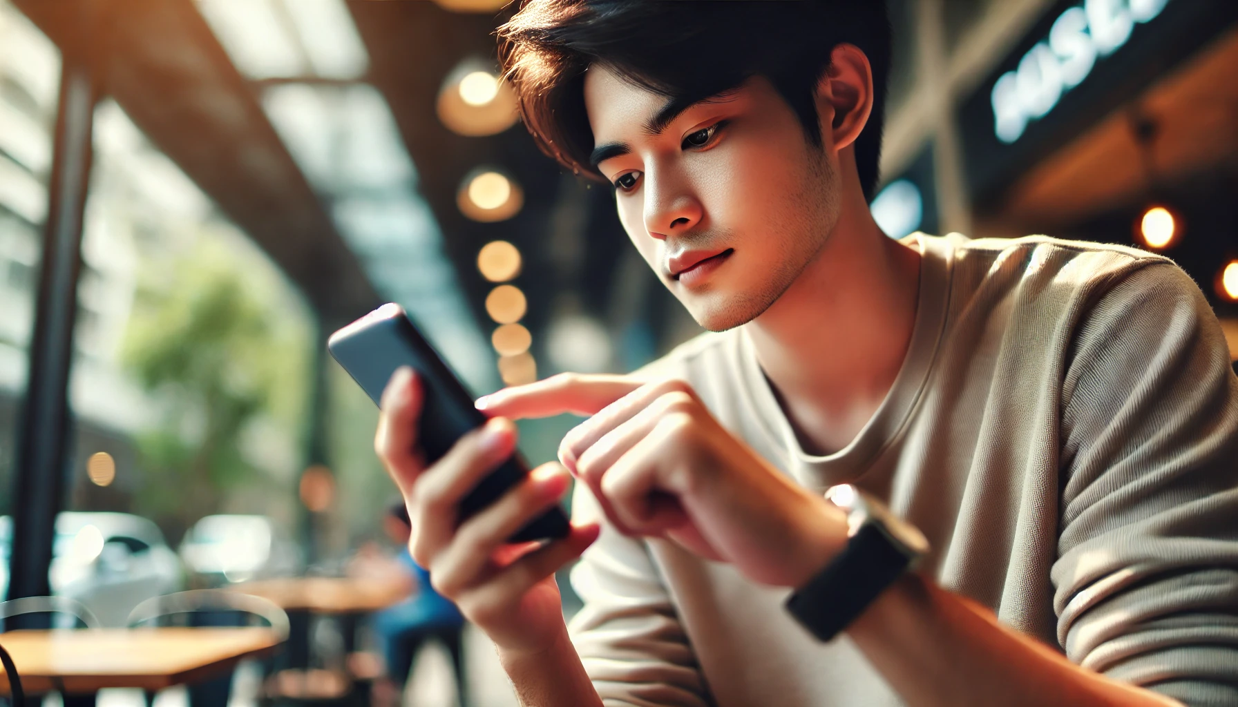 DALL·E 2024-08-30 14.19.13 - A young man using a smartphone, holding it in one hand while looking focused, as if he is in the process of registering for an account. The background